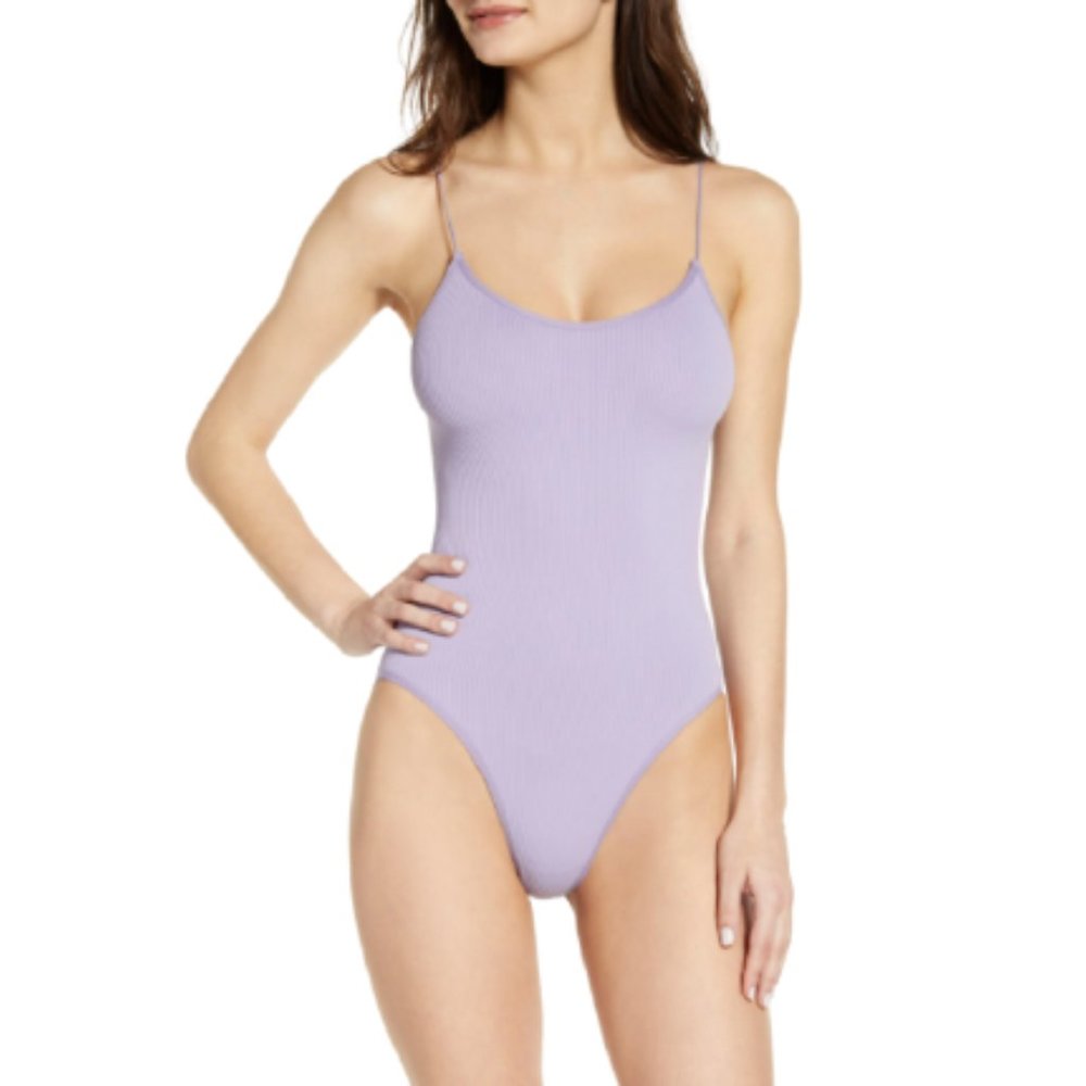 UO Bungee Strap Ribbed Bodysuit in Lilac Purple - Picture 1 of 7